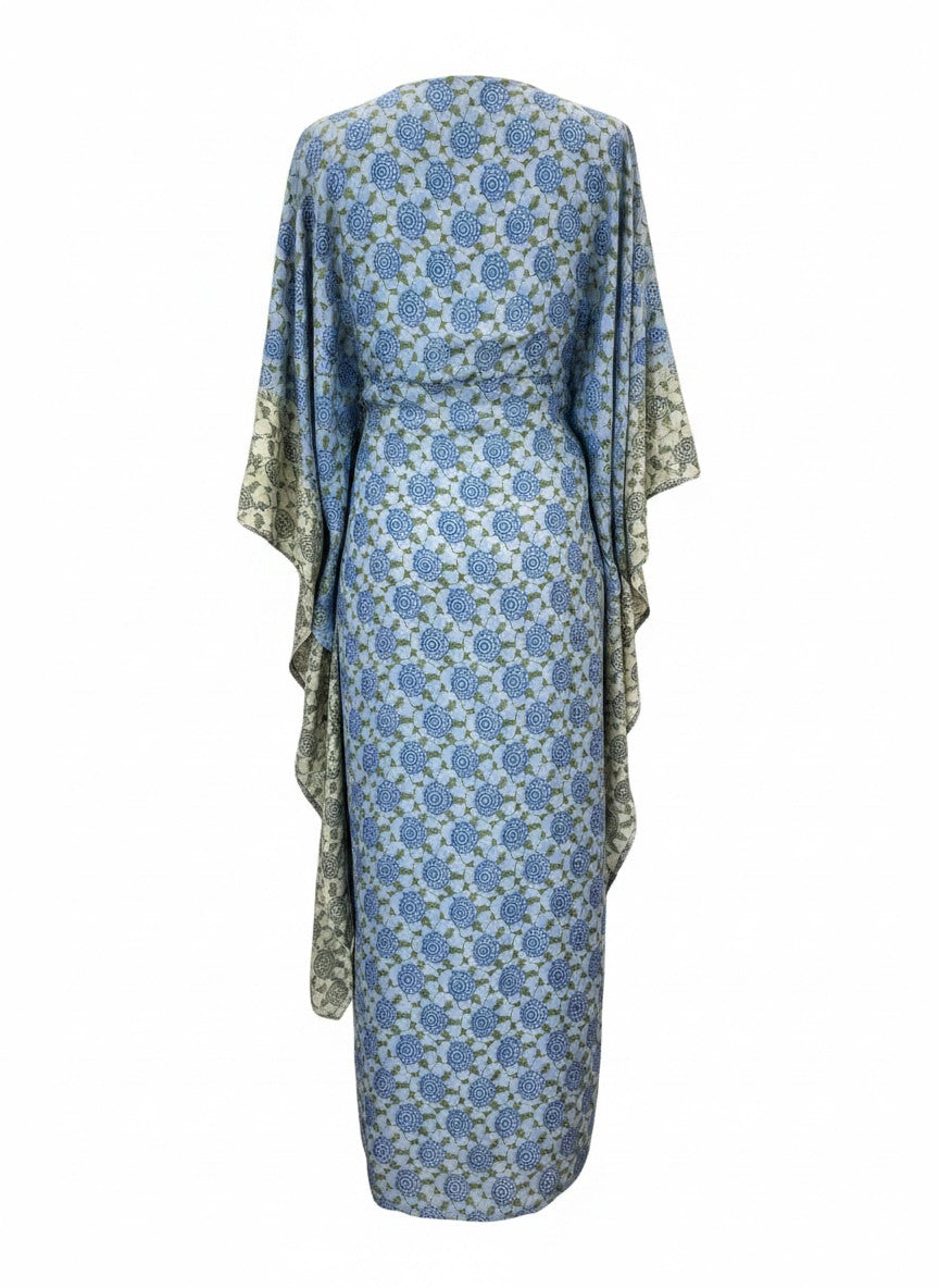 By Walid Blue & Green Silk Kaftan Dress – Rare Artisan Bohemian Luxury – 100% Silk