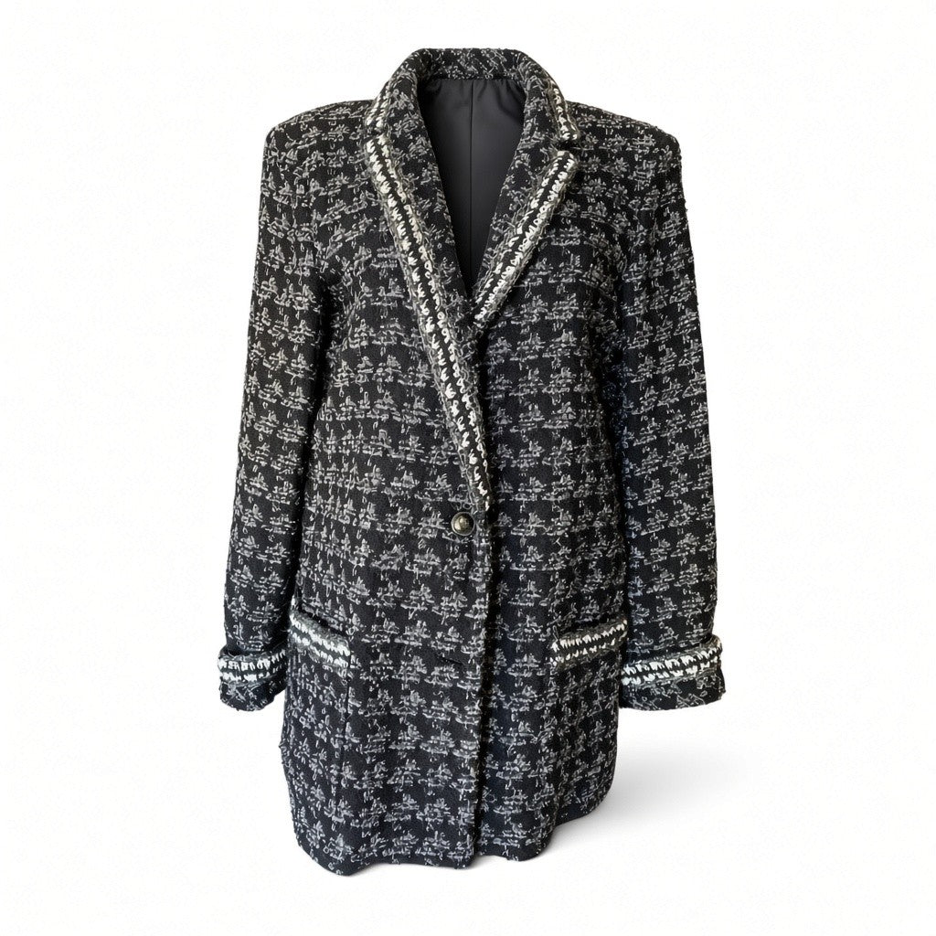 Chanel Long Tweed Jacket – Black, Silver & White – Size 44