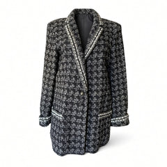 Chanel Long Tweed Jacket – Black, Silver & White – Size 44
