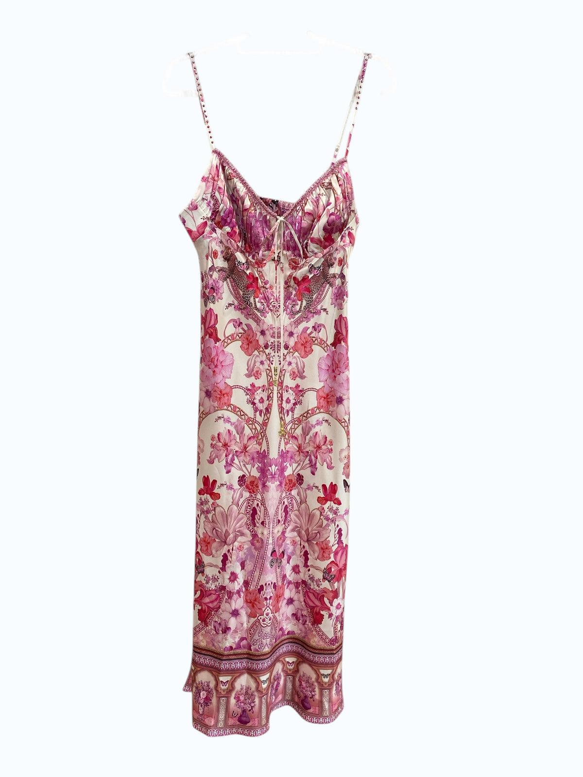 Camilla Botanical Novella Silk Dress Pink Floral Butterfly Print Bias Cut - Size L