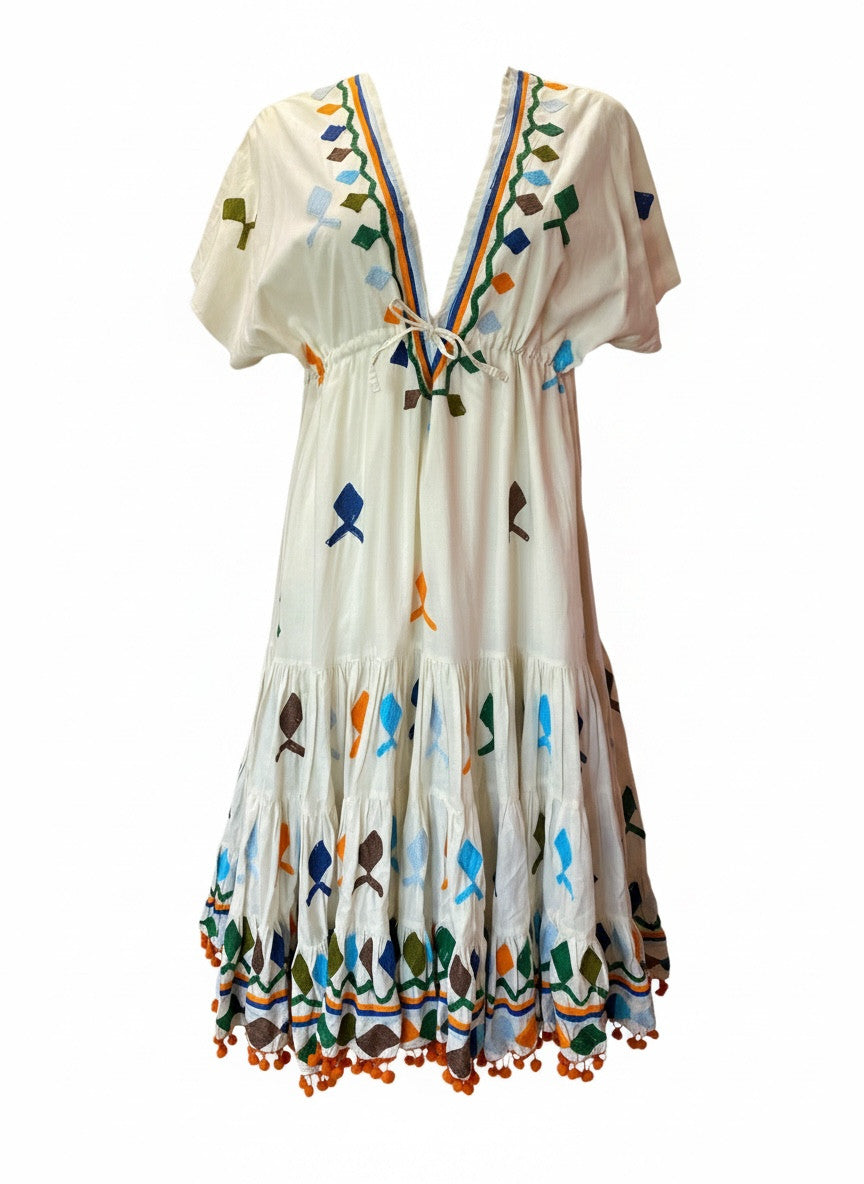 Camilla Embroidered Fish Motif Dress – Beige &amp; Multicolor – Size Unspecified