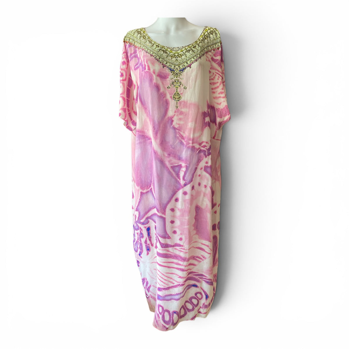 Camilla Embellished Silk Kaftan – Pink & Purple
