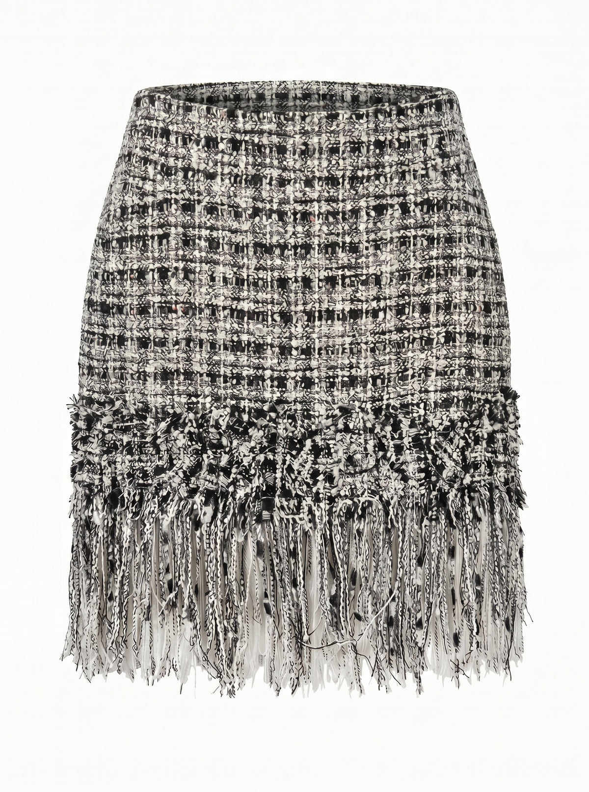 Chanel Black & White Tweed Fringe Skirt - Size 44