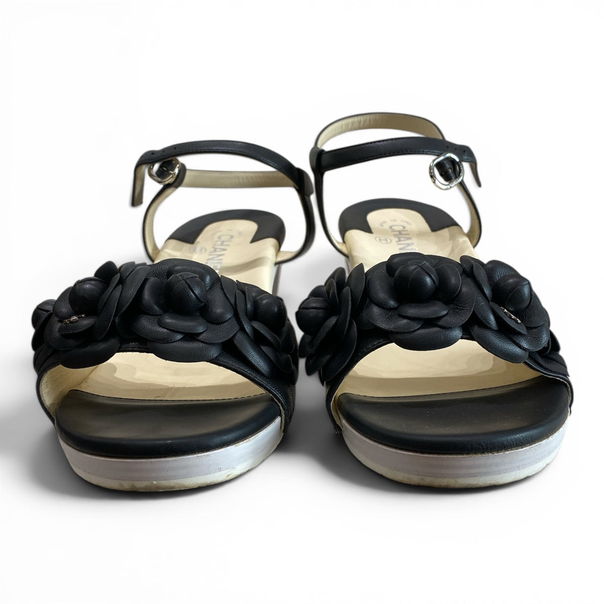 Chanel Camellia Black Leather Block Heel Sandals – Size 41