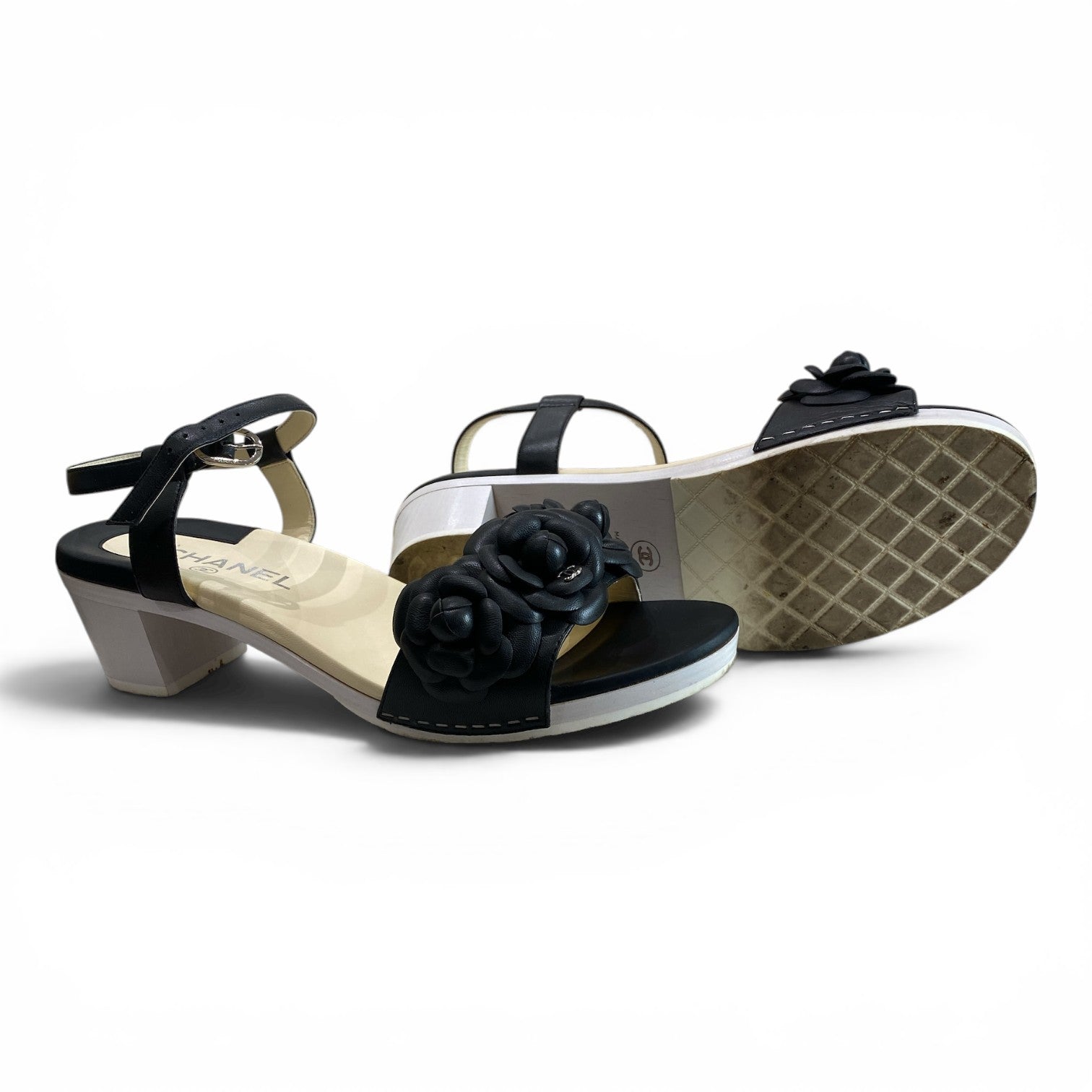Chanel Camellia Black Leather Block Heel Sandals – Size 41