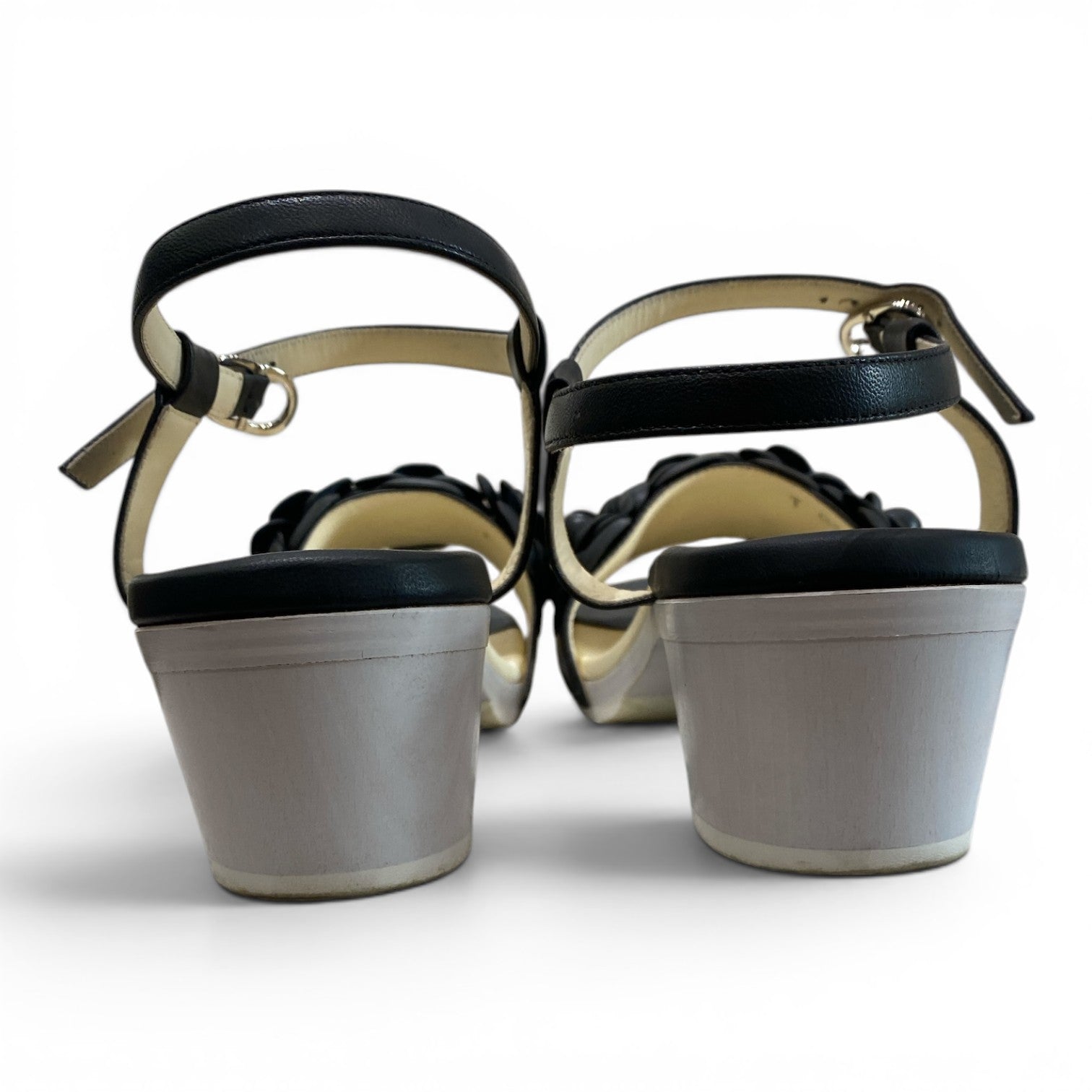 Chanel Camellia Black Leather Block Heel Sandals – Size 41