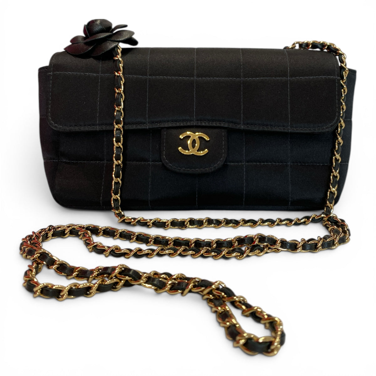 Chanel Satin Chocolate Bar Quilted Camellia Mini Flap Bag – Rare Early 2000s Vintage Chanel Bag