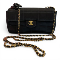 Chanel Satin Chocolate Bar Quilted Camellia Mini Flap Bag – Rare Early 2000s Vintage Chanel Bag