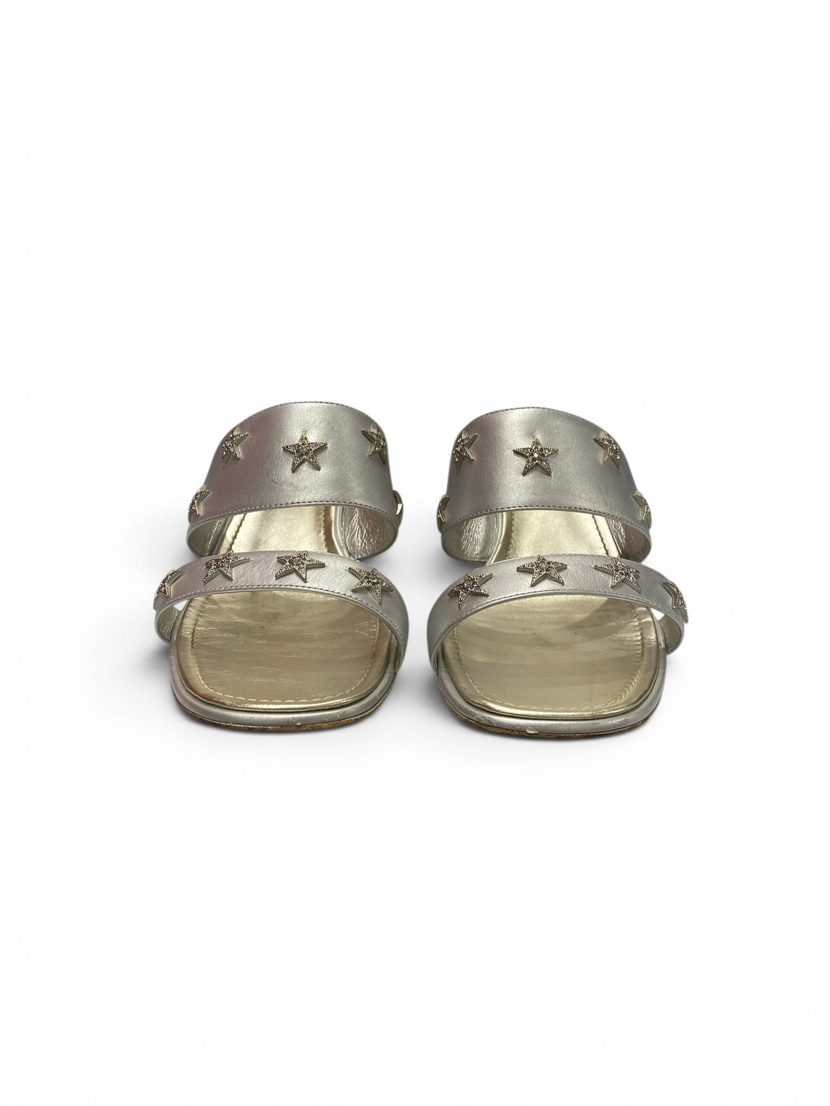 Chanel Silver Leather Star Embellished Slide Sandals - Size 38.5