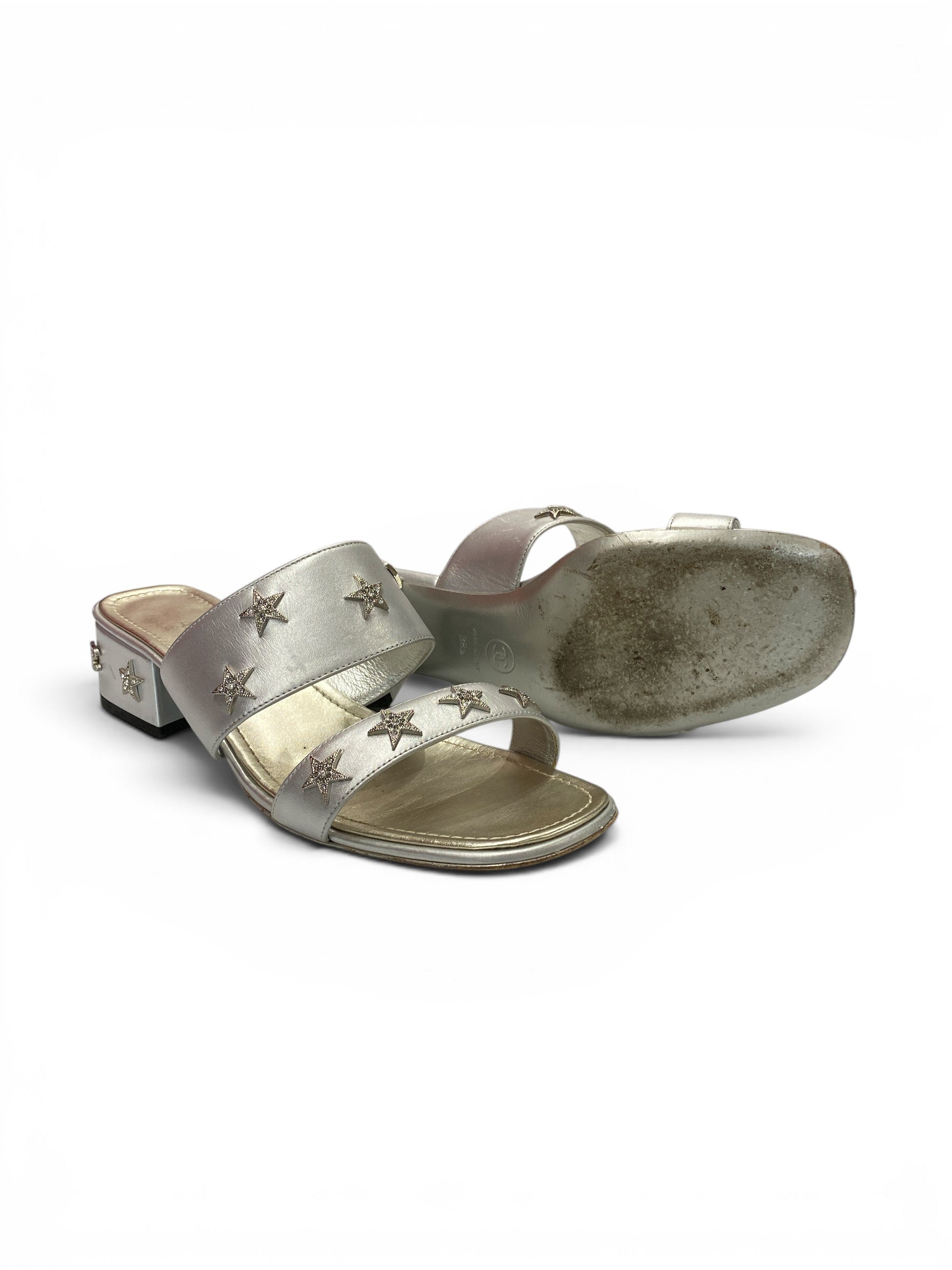 Chanel Silver Leather Star Embellished Slide Sandals - Size 38.5