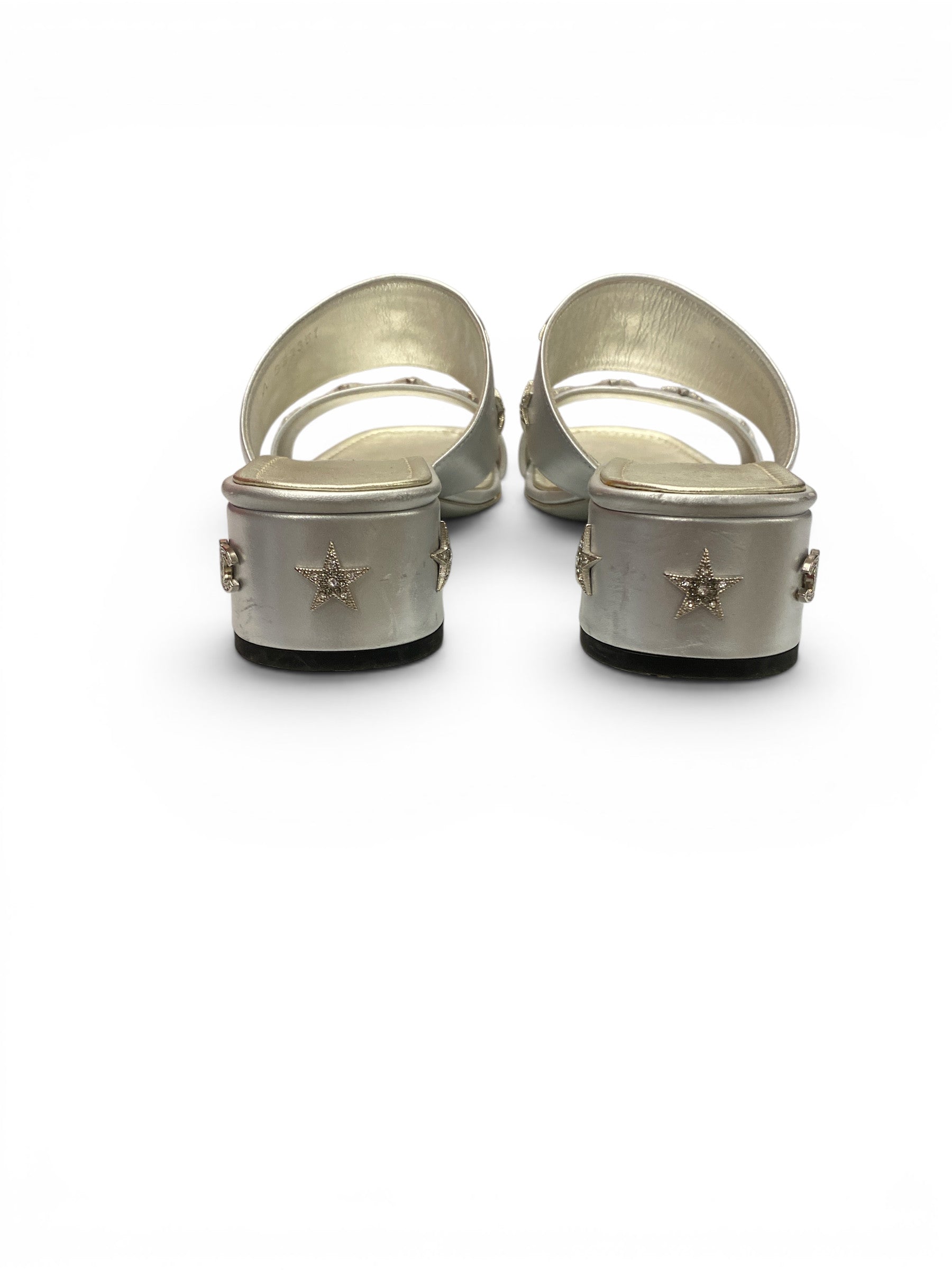 Chanel Silver Leather Star Embellished Slide Sandals - Size 38.5