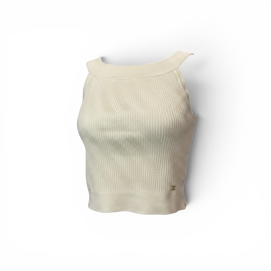 Chanel Off-Shoulder Ribbed Knit Top Ivory – Size 36 | Luxury Minimalist Summer Essential