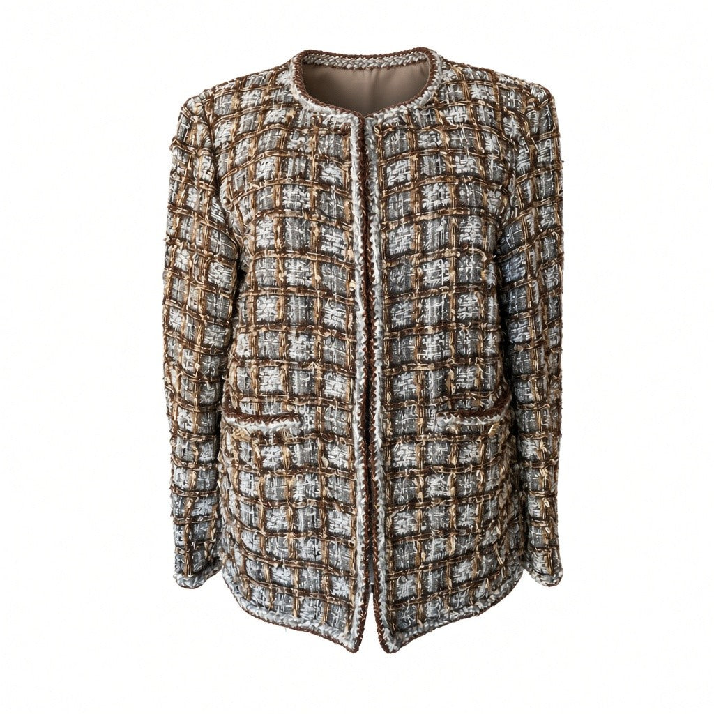Chanel Tweed Jacket – Brown, Beige & Silver – Size 42