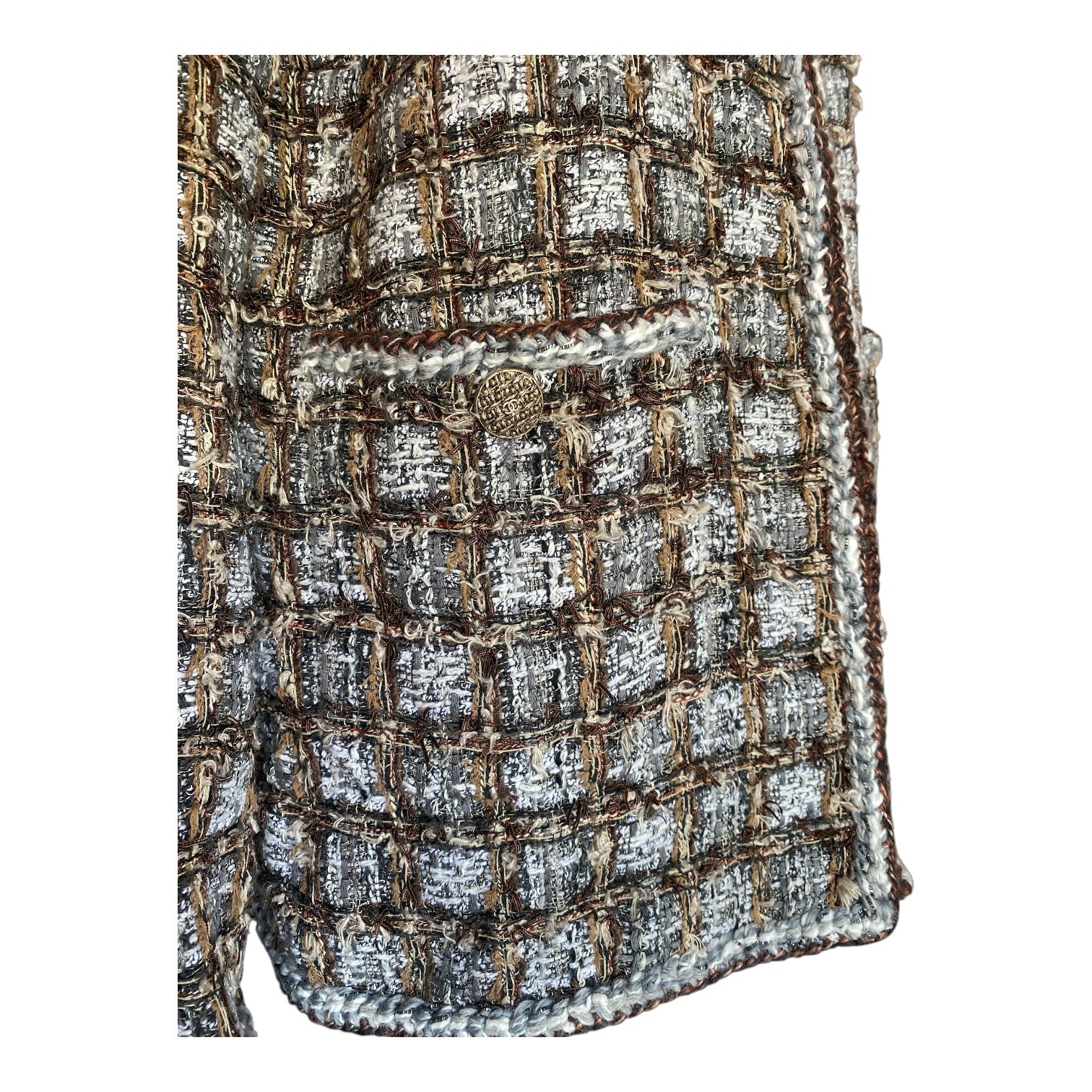 Chanel Tweed Jacket – Brown, Beige & Silver – Size 42