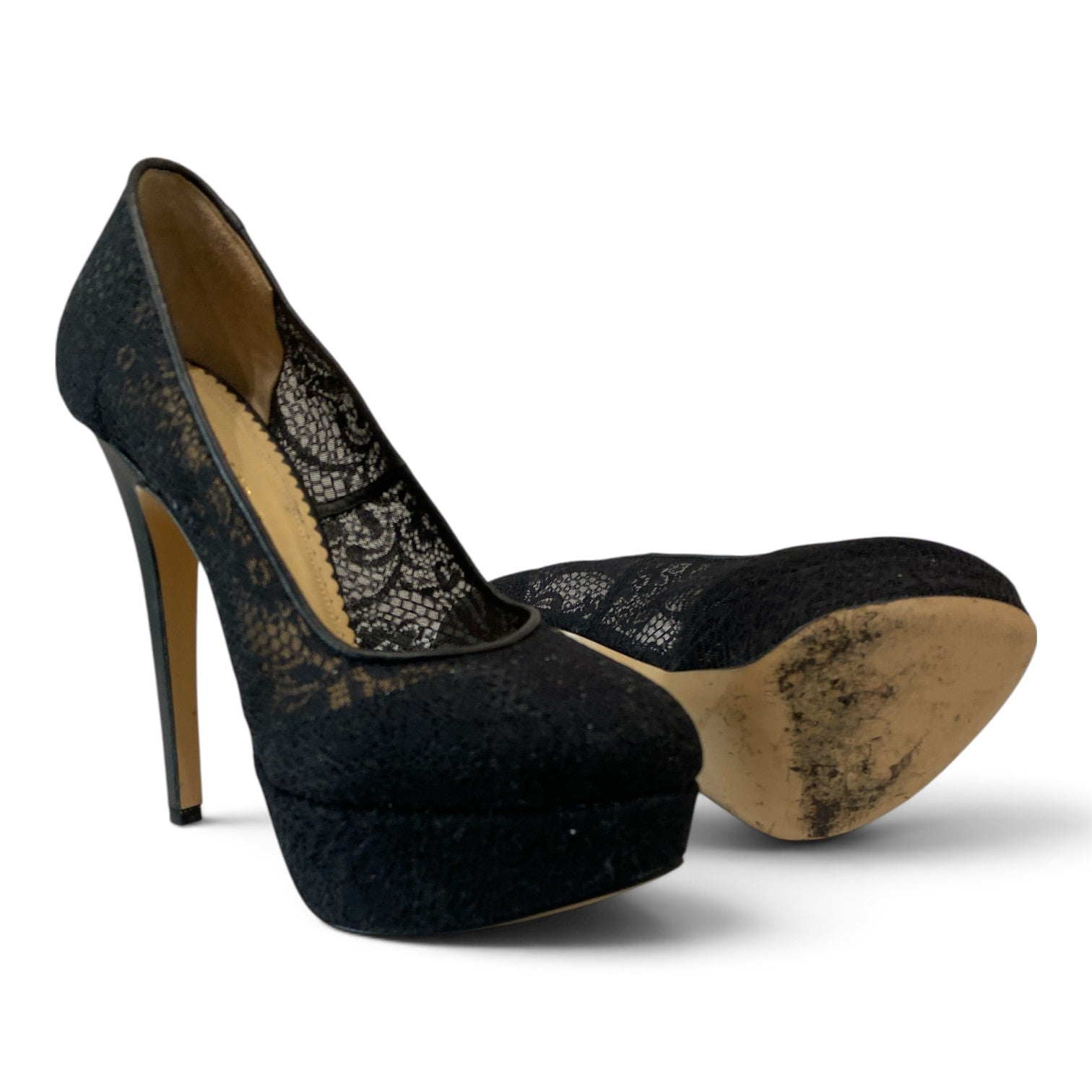 Charlotte Olympia Dolly Black Lace Platform Pumps – Size 37