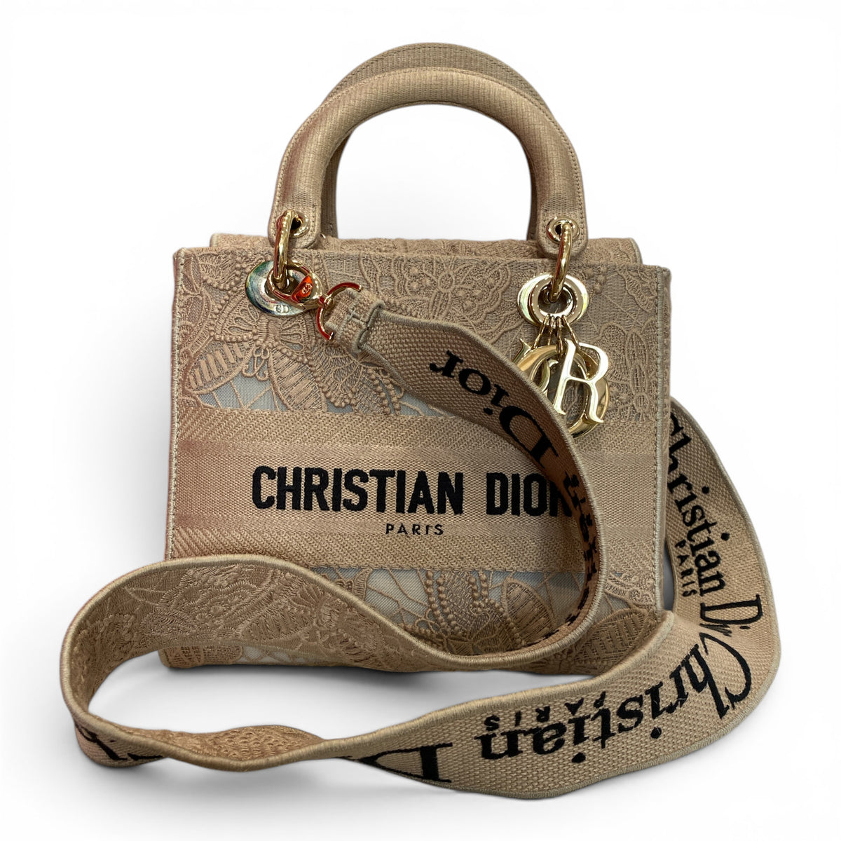 Christian Dior Medium Lady D-Lite Bag – Beige Lace Embroidered Macramé Bag – Rare Collector Piece