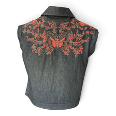 Christian Dior Embroidered Sleeveless Denim Jacket & Pants Set – Black & Coral – USA Size 14