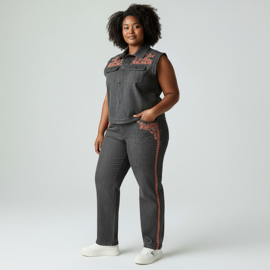 Christian Dior Embroidered Sleeveless Denim Jacket & Pants Set – Black & Coral – USA Size 14