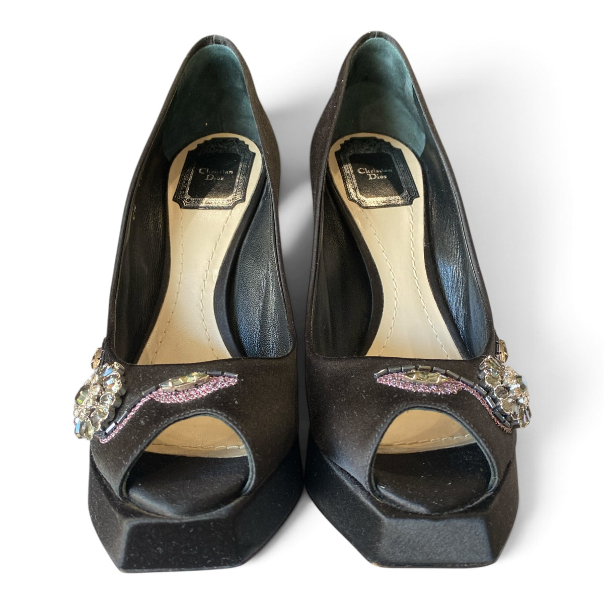 Christian Dior Crystal & Bead Embroidered Satin Peep-Toe Pumps – Black – Size 37