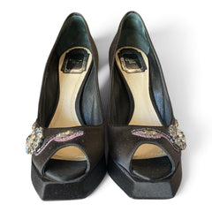 Christian Dior Crystal & Bead Embroidered Satin Peep-Toe Pumps – Black – Size 37
