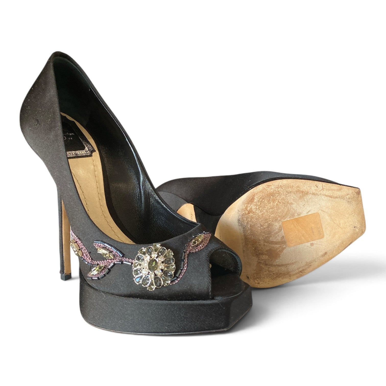 Christian Dior Crystal & Bead Embroidered Satin Peep-Toe Pumps – Black – Size 37
