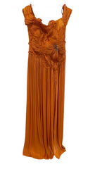 Costarellos Isla Lurex Georgette Embroidered Gown Orange Floral - Size 40