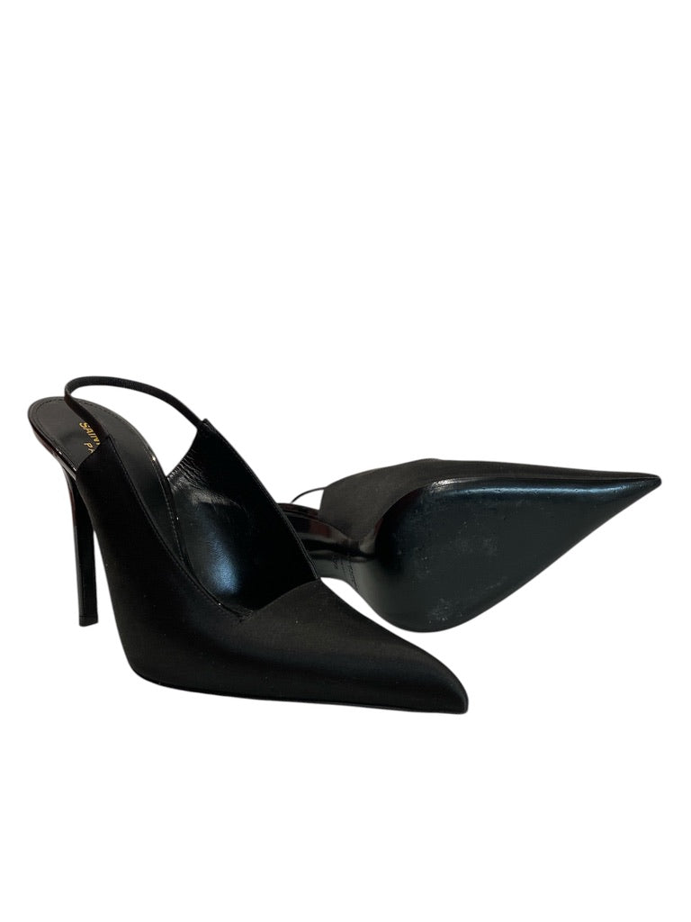 Γόβες Saint Laurent Kiss Slingback Μαύρο Σατέν Μυτερές - Μέγεθος 37.5