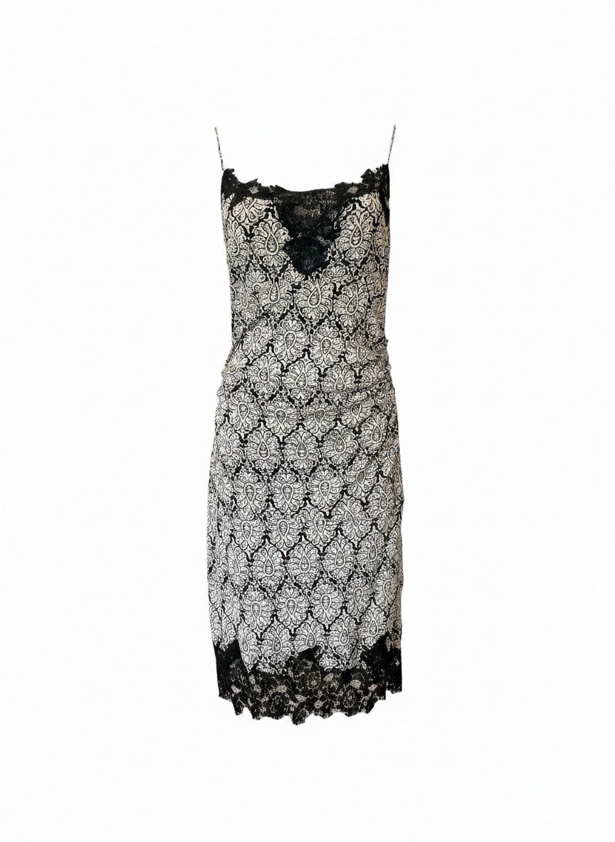 DVF Annalette Black & White Paisley Lace Slip Dress – Diane von Furstenberg Silk Slip Dress – Size 8