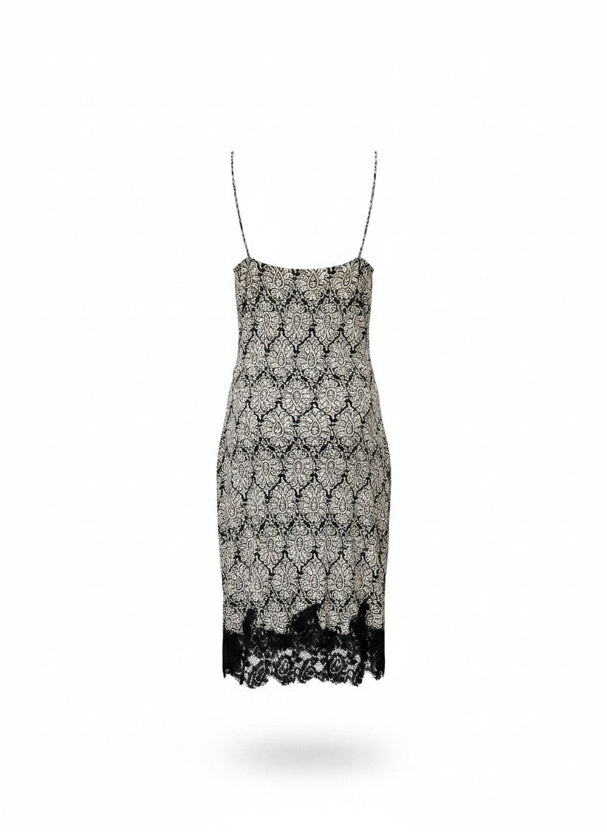 DVF Annalette Black & White Paisley Lace Slip Dress – Diane von Furstenberg Silk Slip Dress – Size 8