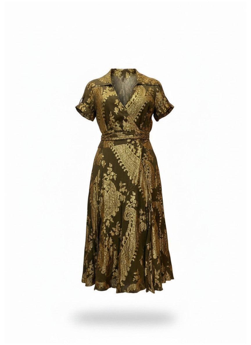 Diane von Furstenberg Metallic Wrap Dress – Gold & Olive – Size 10
