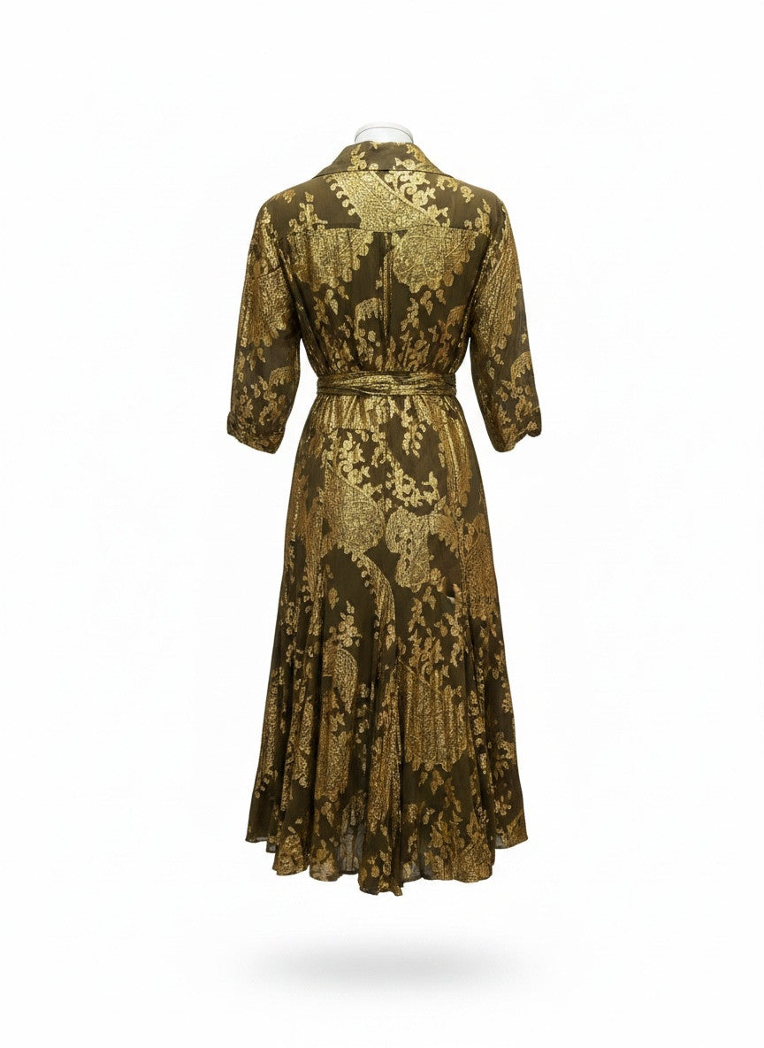 Diane von Furstenberg Metallic Wrap Dress – Gold & Olive – Size 10