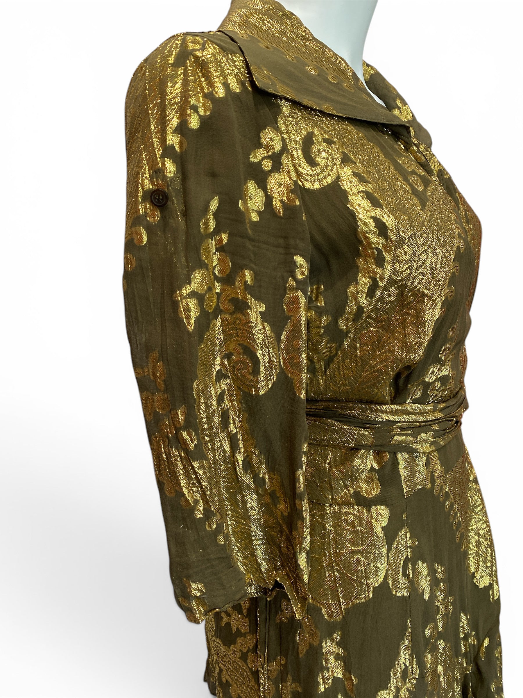 Diane von Furstenberg Metallic Wrap Dress – Gold & Olive – Size 10