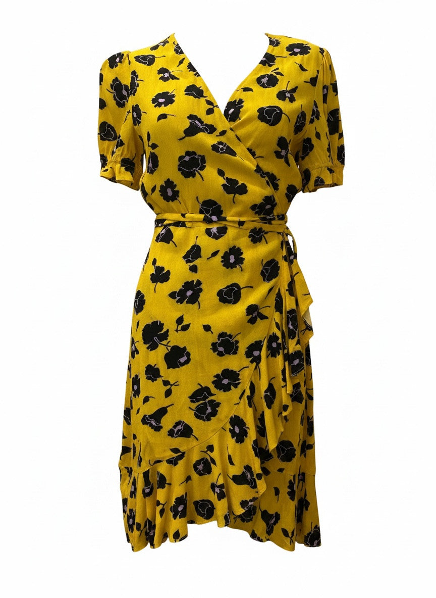 Diane von Furstenberg Yellow Floral Wrap Mini Dress – Iconic Feminine Silhouette | Size 6