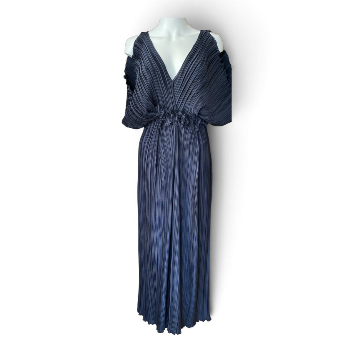 Daphne Valente Pleated Cold-Shoulder Maxi Dress – Navy Blue – Small