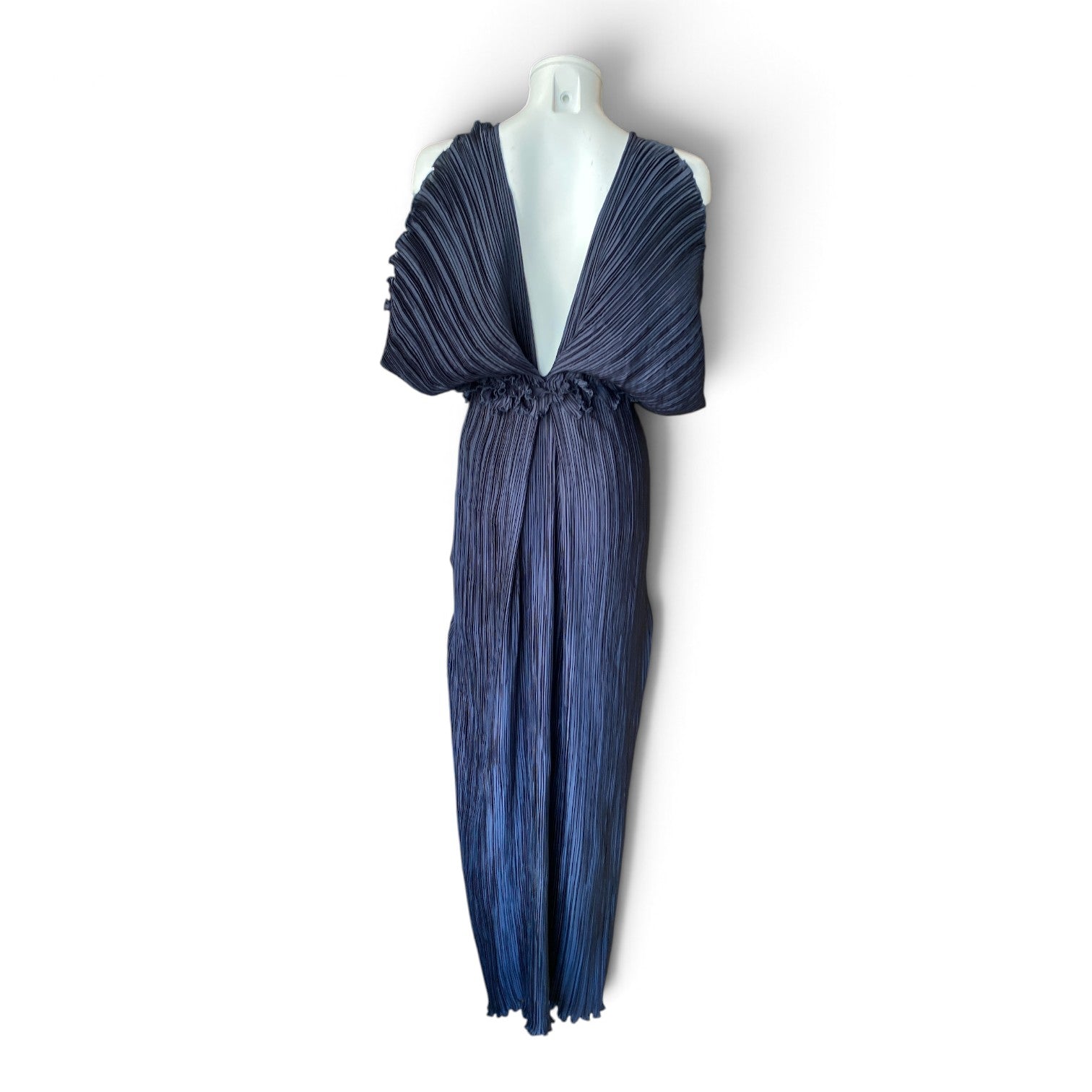 Daphne Valente Pleated Cold-Shoulder Maxi Dress – Navy Blue – Small