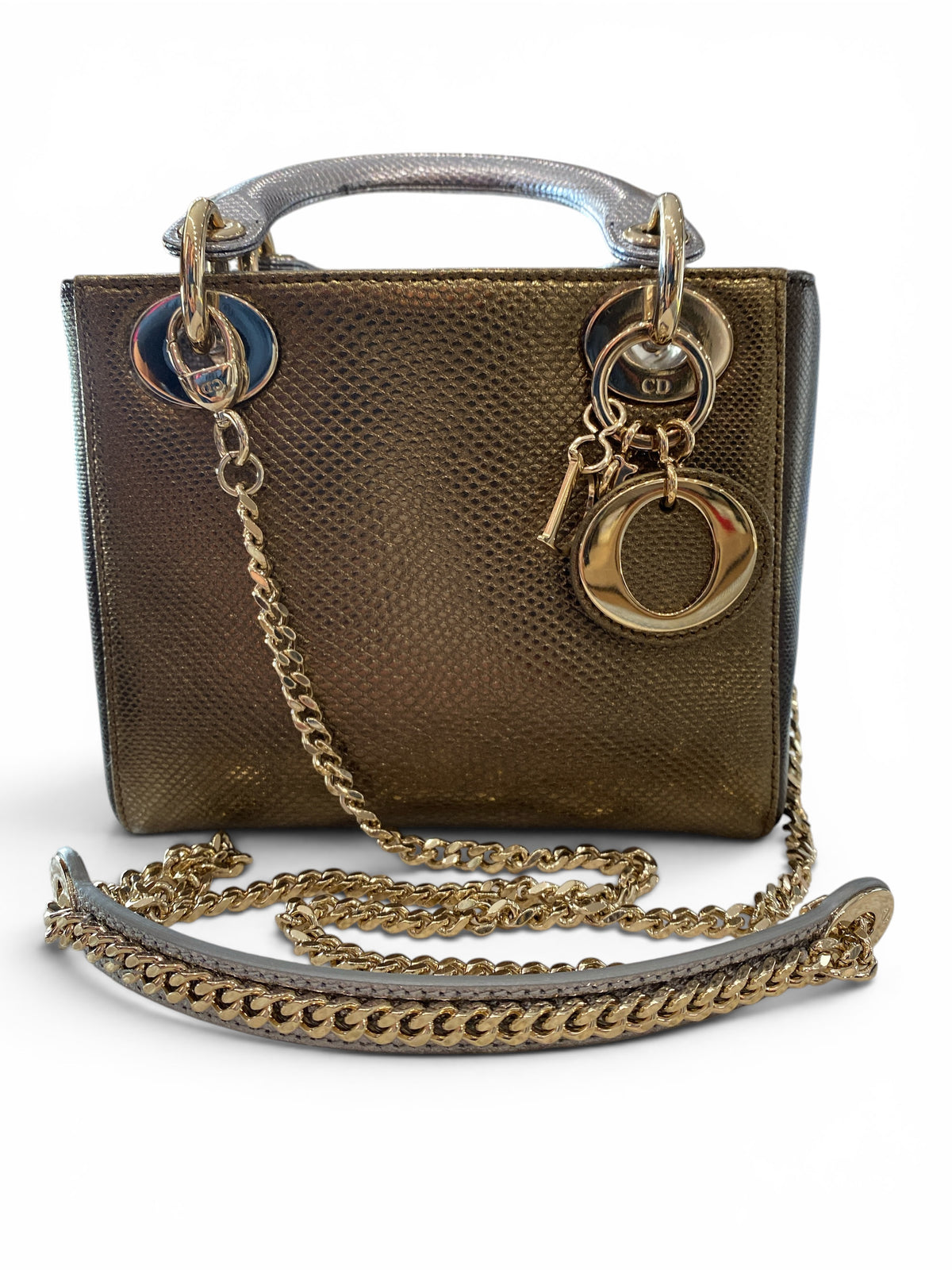 Christian Dior Mini Lady Dior Exotic Lizard Skin Bag Metallic Gold & Silver