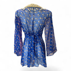 Dosed Embroidered Silk Tunic – Blue – Size L