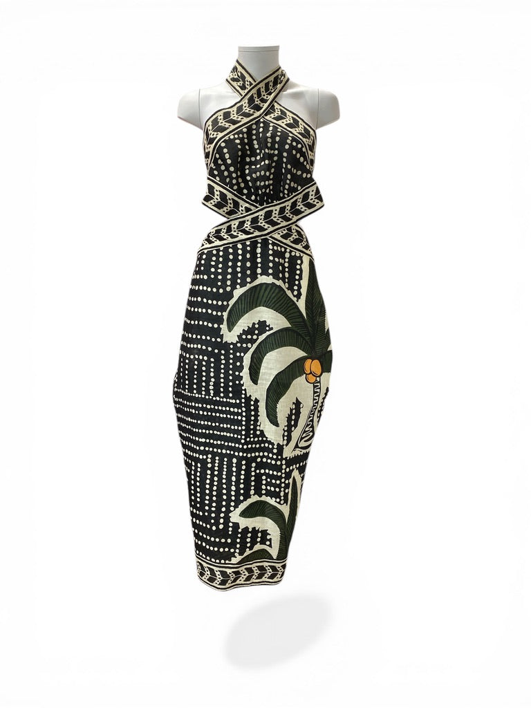 Johanna Ortiz Heart Of The Jungle Linen Midi Dress Green Black Tropical - Size 6