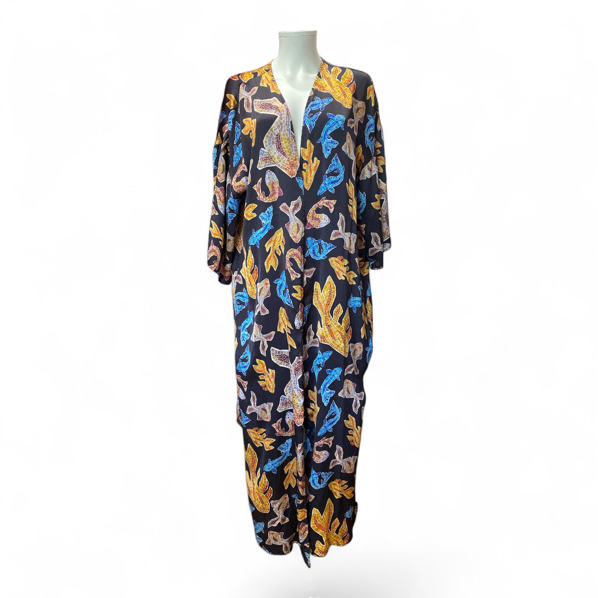 Elena Makri Black Silk Fish Print Kimono – One Size