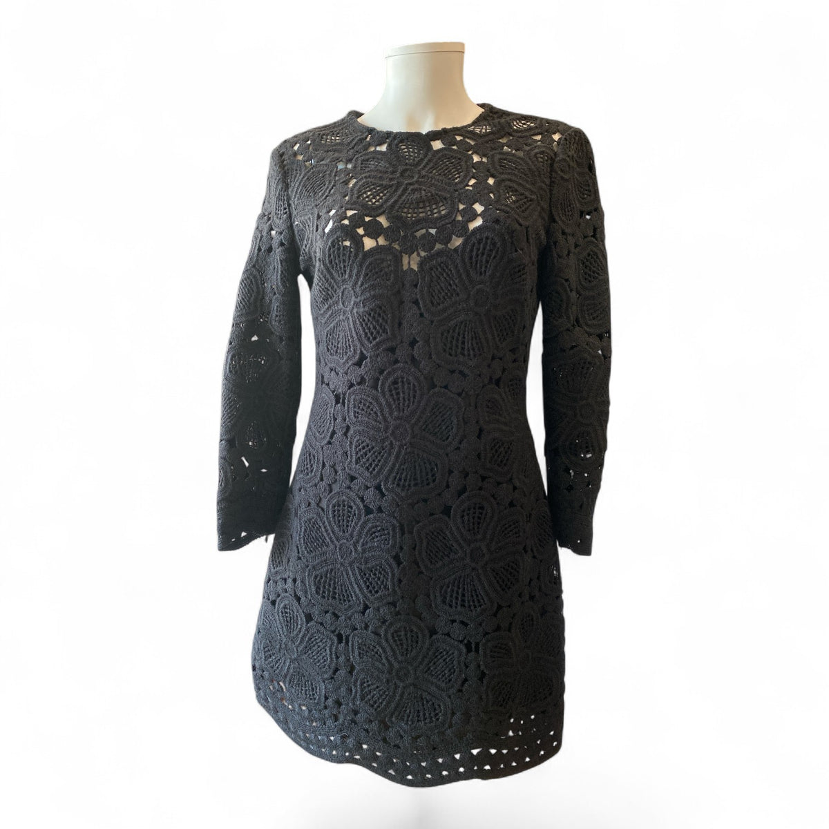 Elie Saab Floral Macramé Long-Sleeve Mini Dress – Black – Size 38