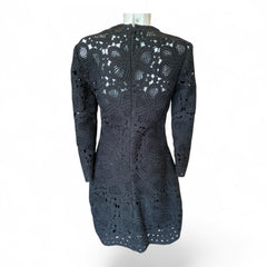 Elie Saab Floral Macramé Long-Sleeve Mini Dress – Black – Size 38