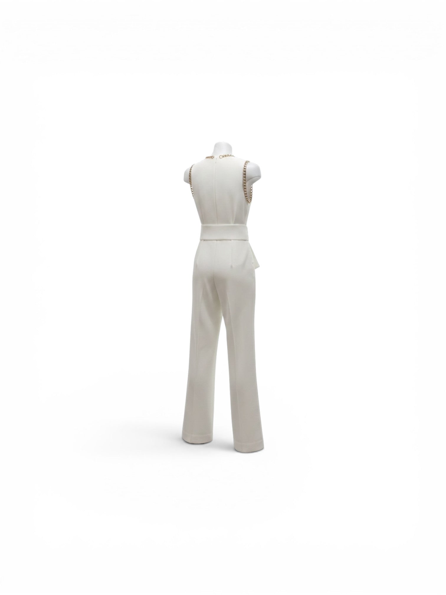 Elie Saab White Sleeveless Tailored Jumpsuit With Gold Chain Trim Belt Size 38