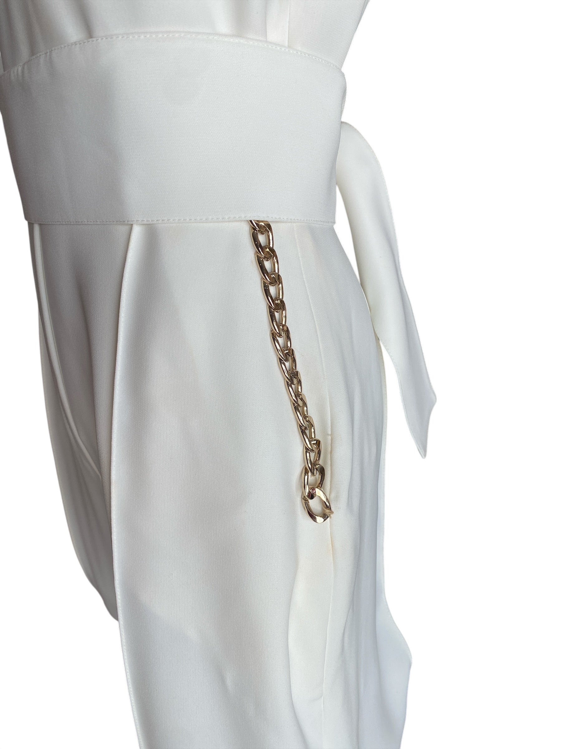 Elie Saab White Sleeveless Tailored Jumpsuit With Gold Chain Trim Belt Size 38