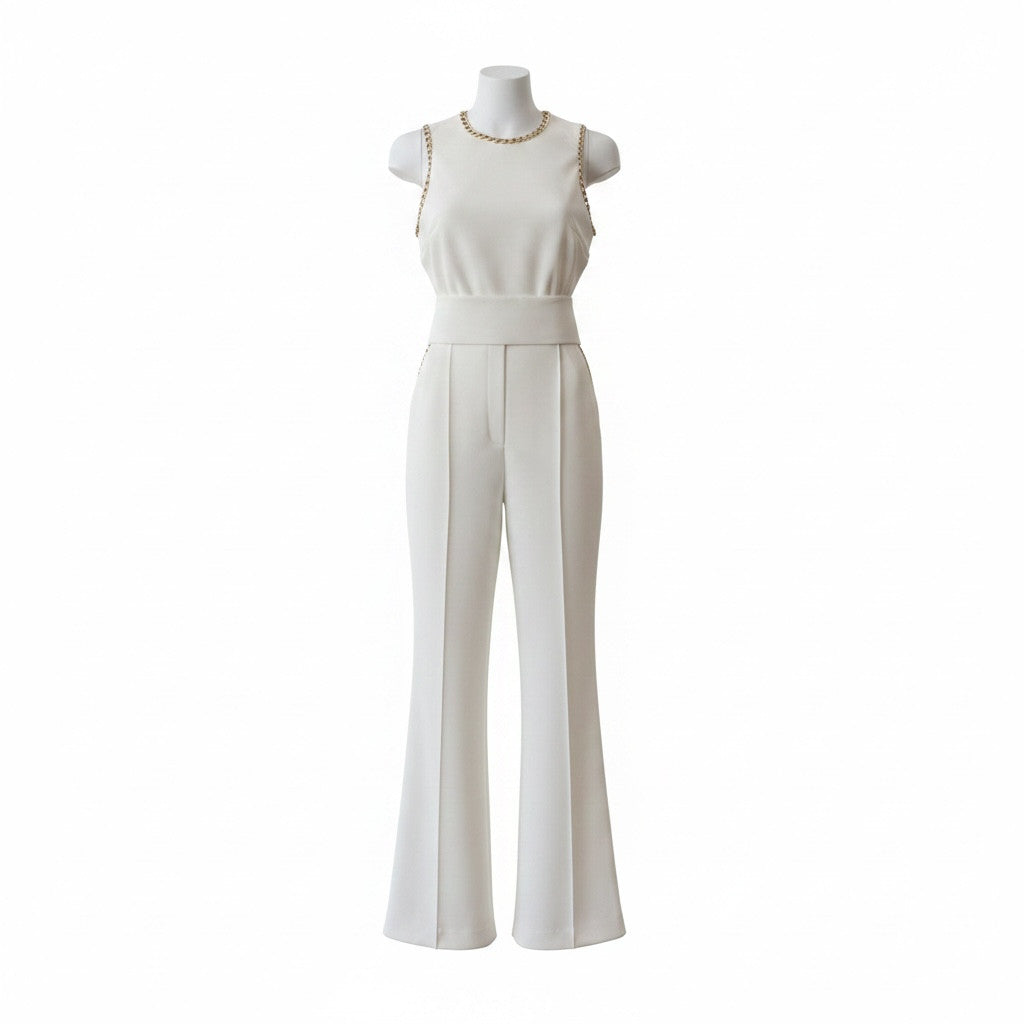 Elie Saab White Sleeveless Tailored Jumpsuit With Gold Chain Trim Belt Size 38