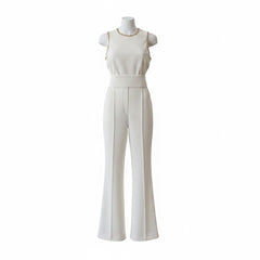 Elie Saab White Sleeveless Tailored Jumpsuit With Gold Chain Trim Belt Size 38