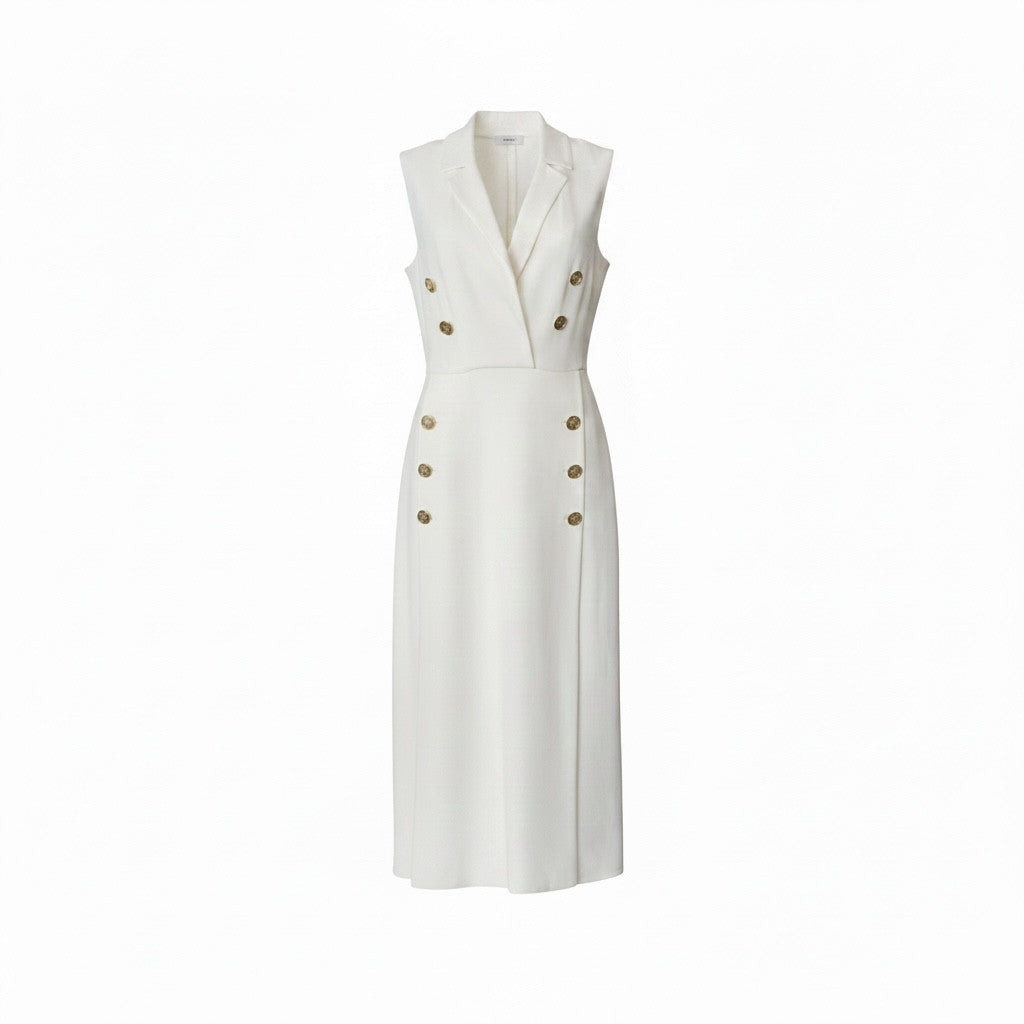 Elie Saab White Double-Breasted Gold Button Dress - Size 39