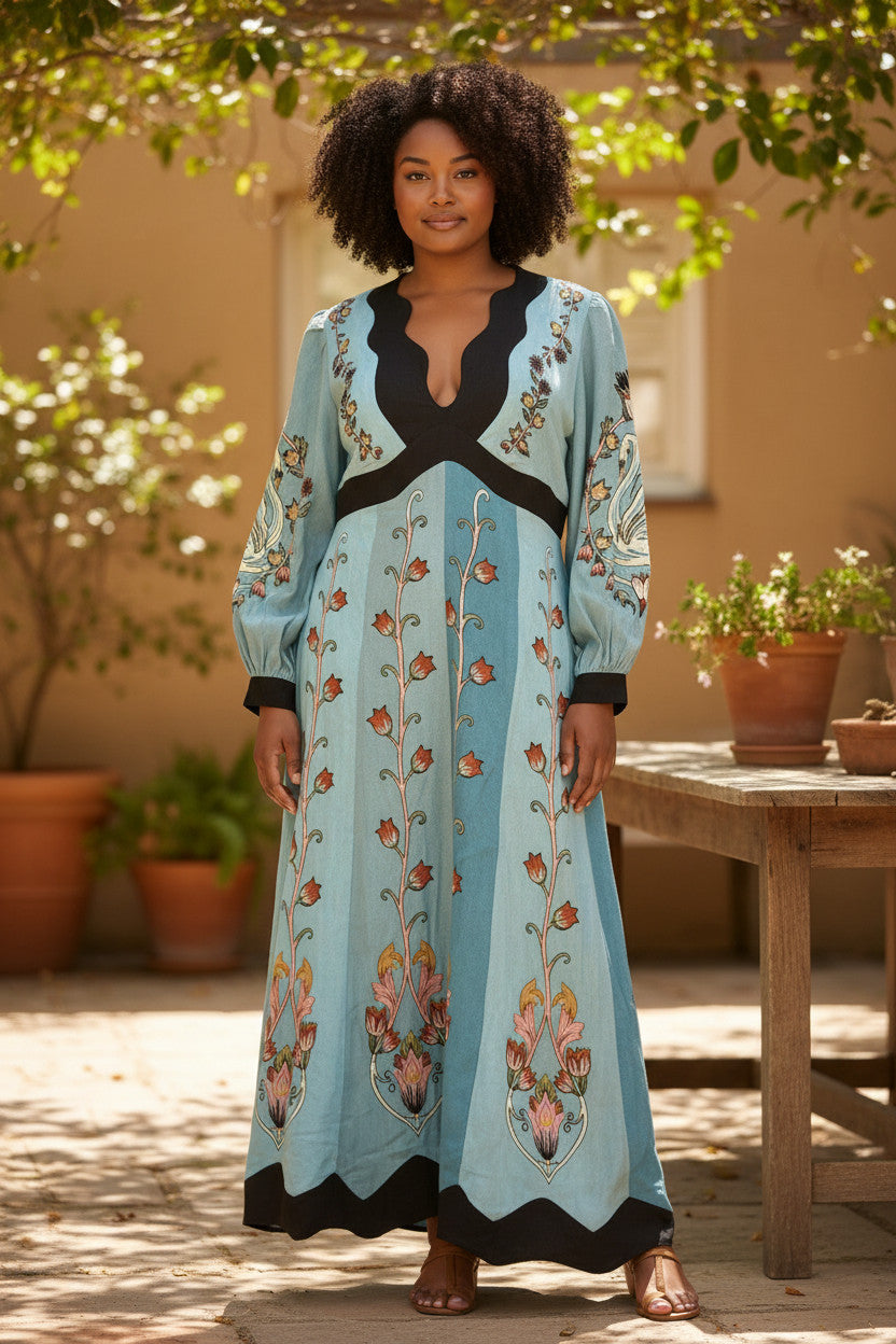 FARM Rio Blue Flowing Beauty Embroidered Midi Dress – New With Tags