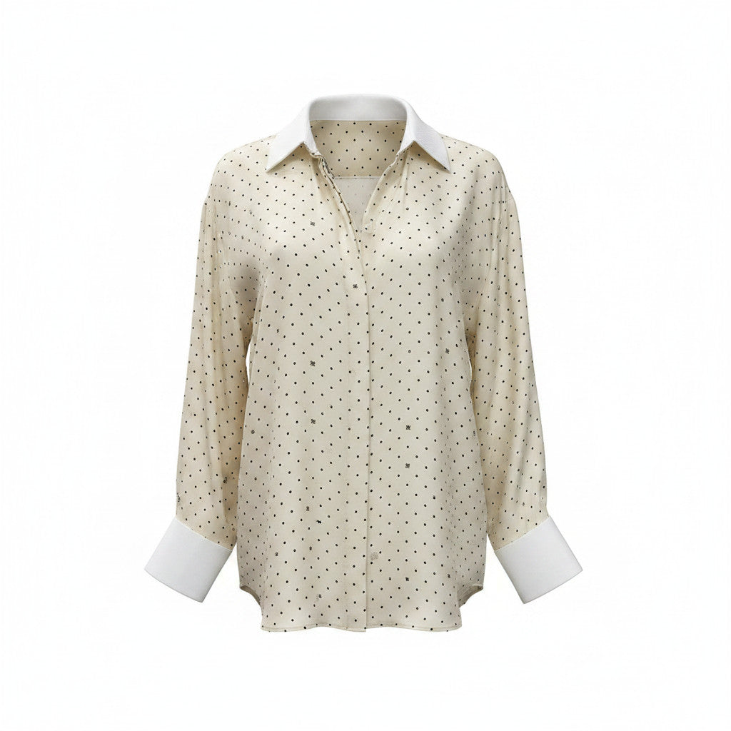 Fendi Ivory Silk Polka Dot Shirt White Collar Contrast - Size 48