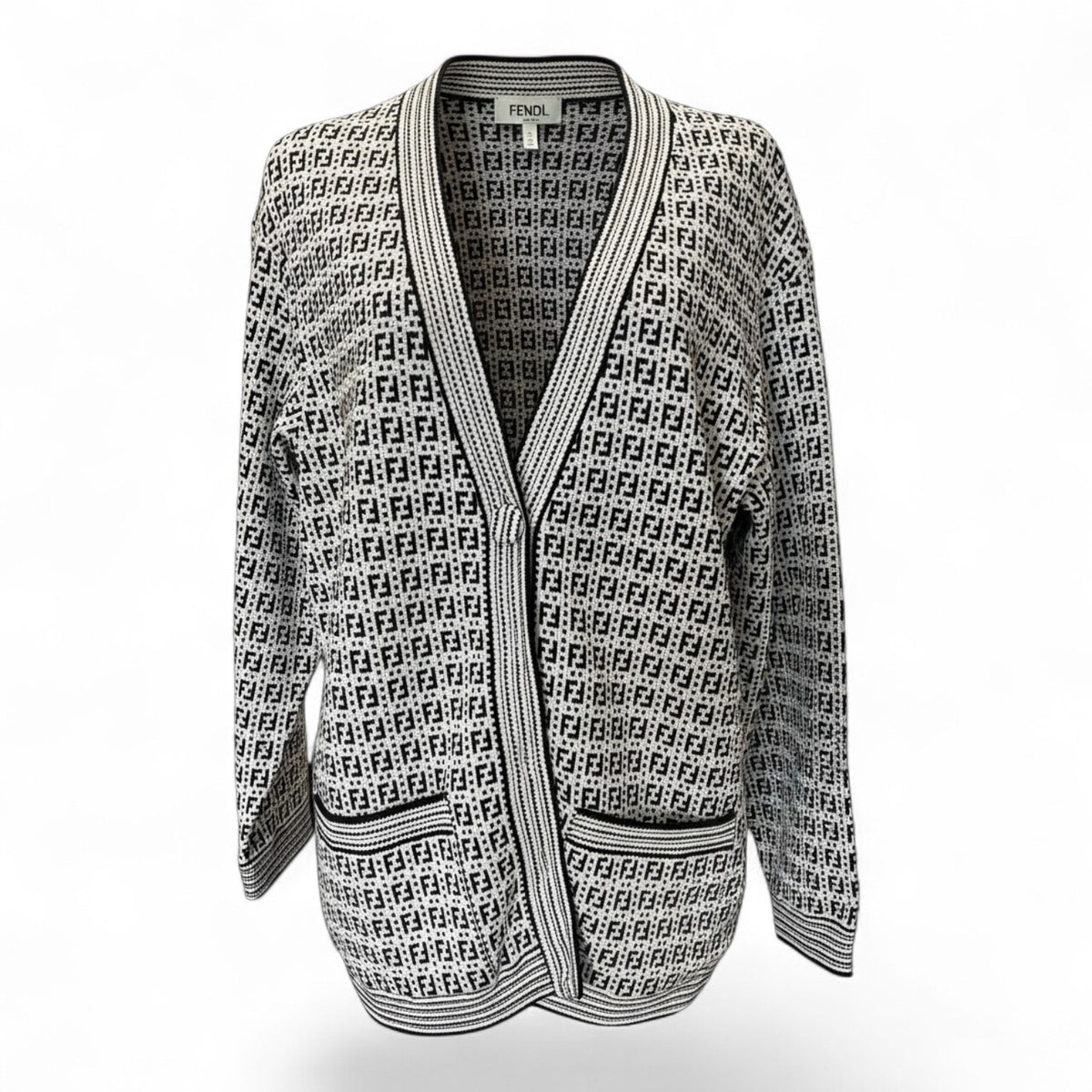 Fendi FF Jacquard-Knit Cardigan – Black & White – Size 44