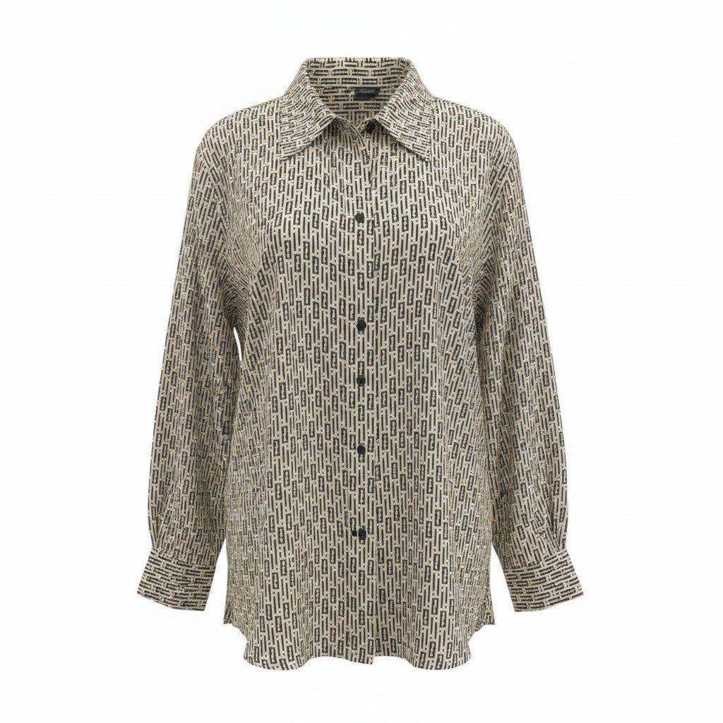 Blusa de seda Fendi Monogram con estampado FF beige y negro - Talla 48
